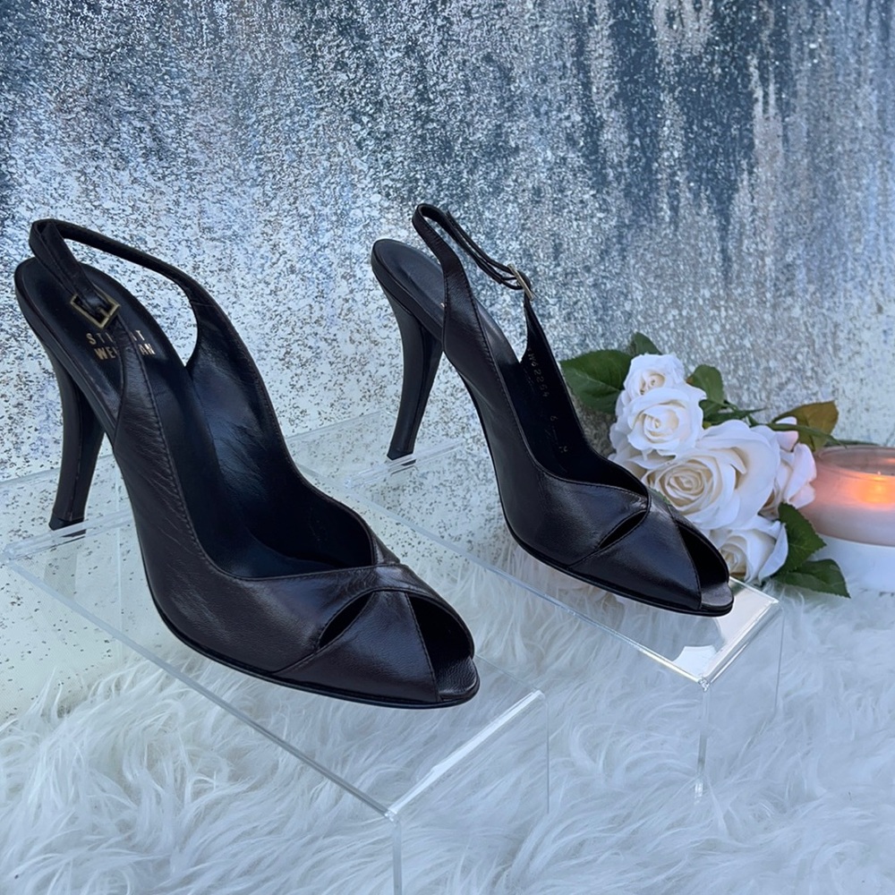 STUART WEITZMAN CACHET MORO KID CHOCOLATE WOMANS OPEN TOE PUMPS. NWOT.